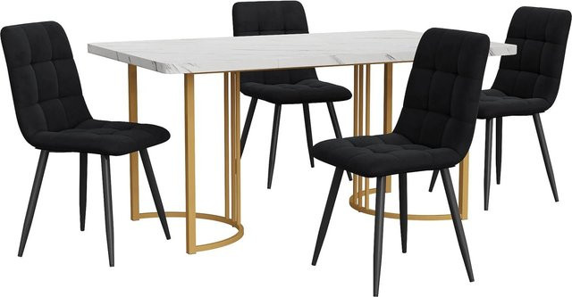 Merax Essgruppe 5-teilig mit Esstisch und 4 Samtstühlen, Farbe Schwarz Weiß Gold, Tisch B: 140 cm, T: 80 cm - Bild 1