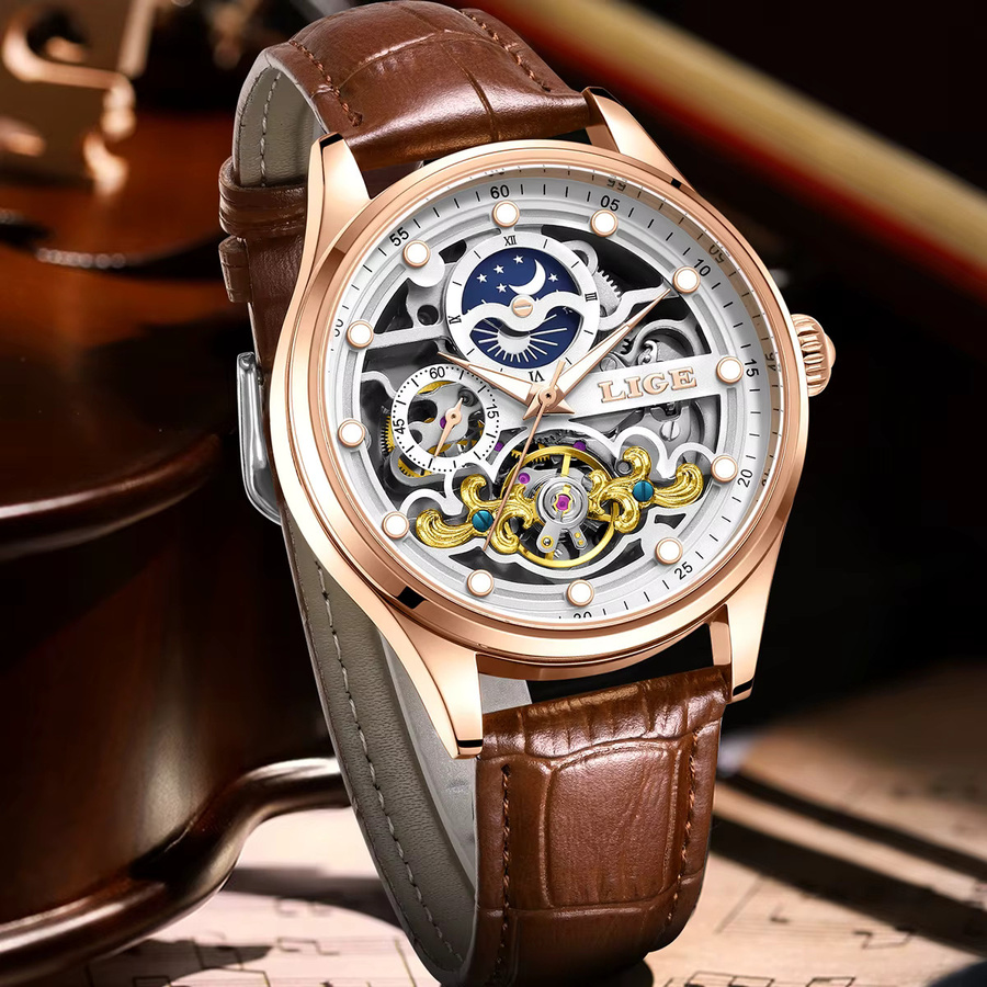 LIGE Armbanduhr Automatik, Mondphasen, Leder, Roségold, Herren - Bild 2