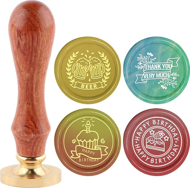Wachssiegel-Stempel mit Palisandergriff und Bierkuchen-Muster in Beige für Geburtstagseinladungskarten und Dankeskarten - Bild 1