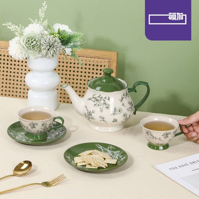 SHUNXIANG Keramik-Teeservice aus Porzellan mit grünem Blumenmuster inklusive Teekanne, Teetassen und Untertassen - Bild 1
