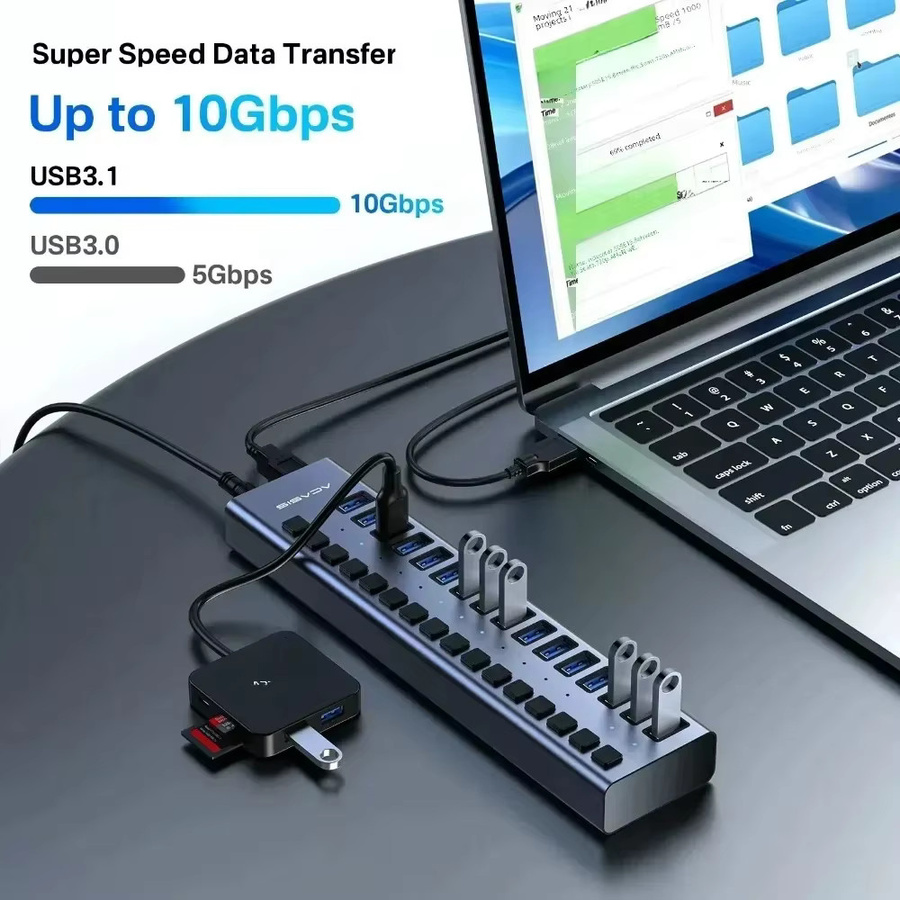 Acasis USB 3.2 Hub mit 16 Anschlüssen in Grau, 10Gbps USB-A und USB-C Splitter aus Aluminium mit Einzelschalter und Stromversorgung für PC und Laptop - Bild 2