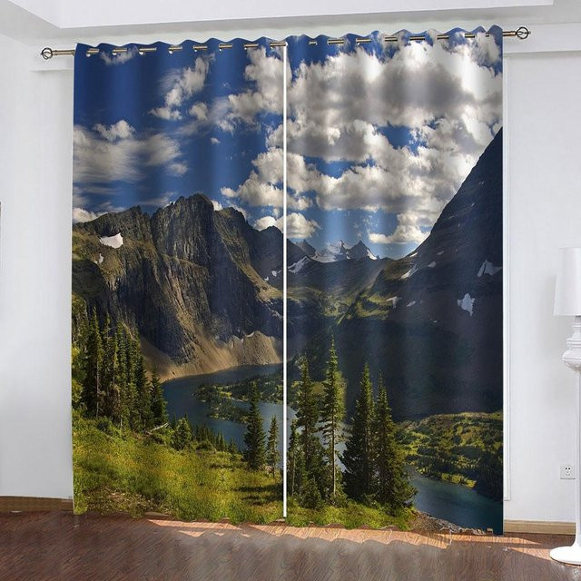 2er-Set Landschaftsvorhänge mit 3D-See- und Schneeberg-Motiv, halbtransparent, Mehrfarbig, B: 50 cm, H: 130 cm - Bild 1