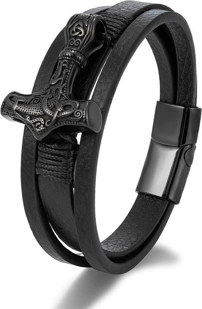 RX-Panjia Armband, Leder geflochten, Wikinger, Thors Hammer, Herren, 21cm - Bild 1