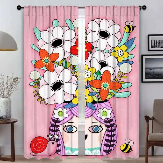 Bildvorhänge für Kinderzimmer und Schlafzimmer als Raumteiler, 2er-Set Tüll-Vorhänge mit Grafik-Design in Pink, Breite: 60 cm, Höhe: 90 cm - Bild 1