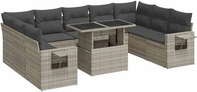 vidaXL 10-tlg. Garten-Sofagarnitur in L-Form aus Poly-Rattan mit Kissen und Couchtisch, Hellgrau - Bild 1