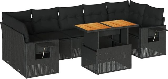 vidaXL 8-tlg Garten-Sofagarnitur in L-Form aus schwarzem PE-Rattan mit Kissen und Akazienholz - Bild 1