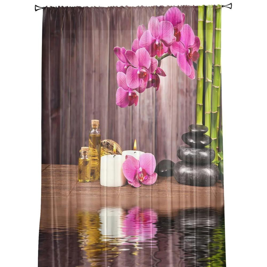 Yiran Furniture Voile Vorhang mit Orchideen- und Bambus-Design, Transparent, Mehrfarbig, Breite: 135 cm, Höhe: 115 cm - Bild 1