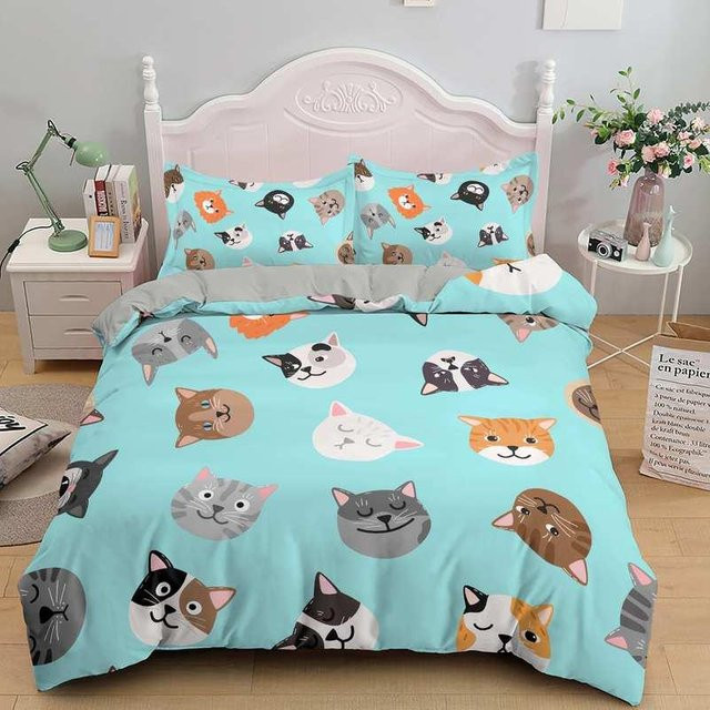 Bettwäsche Set mit niedlichem Katzen-Print von Your Warm Home, 2-teilig, Blau, B/H: 140 x 210 cm - Bild 1