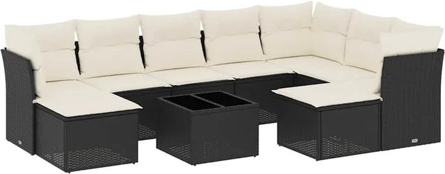 vidaXL 10-tlg. Garten-Sofagarnitur in L-Form aus Polyrattan mit Kissen in Schwarz - Bild 1