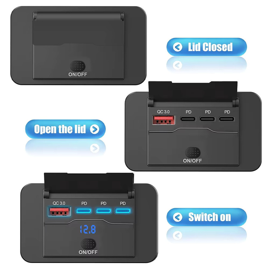 Kebidumei USB-Autoladegerät mit 3 PD & QC 3.0 Schnellladebuchsen, Voltmeter und Schalter, 12 V RV-USB-Steckdosenfeld in Schwarz - Bild 4