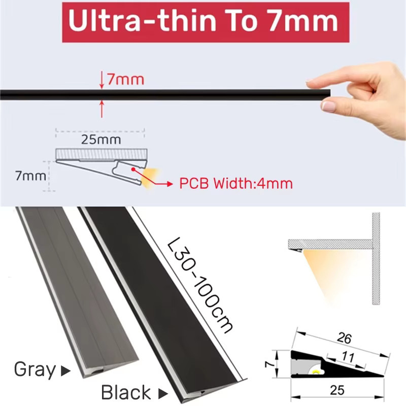 KSDLIGH Ultradünnes Aluminium-LED-Profil in Grau mit 45 Grad Schräge für Schrank- und Regalbeleuchtung, Warmweiß, Höhe: 0,7 cm - Bild 4