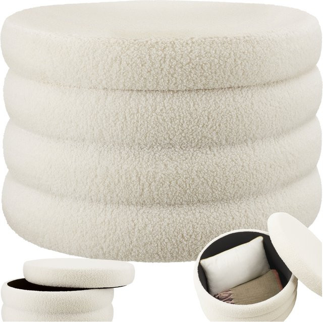 tectake Sitzhocker mit Stauraum Altu XL rund, Bouclé-Stoff, Farbe Weiß, B/T/H: 67 x 67 x 42 cm - Bild 1