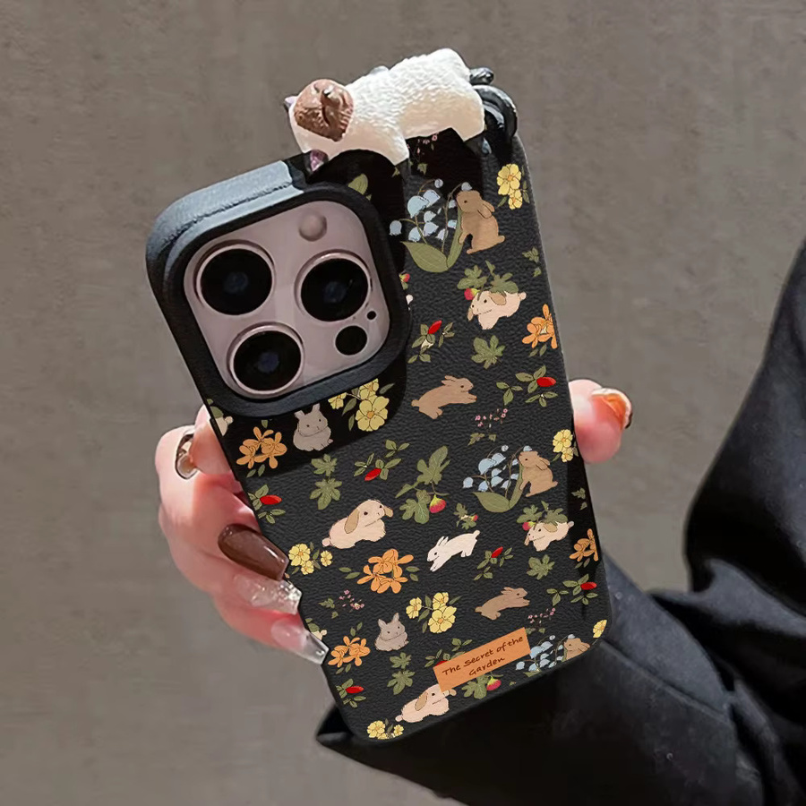 Stoßfeste Leder-Handytasche mit niedlichem Hund und Blumen-Design für iPhone 11 bis 17 Pro Max, Farbe: Pink/Mehrfarbig - Bild 1