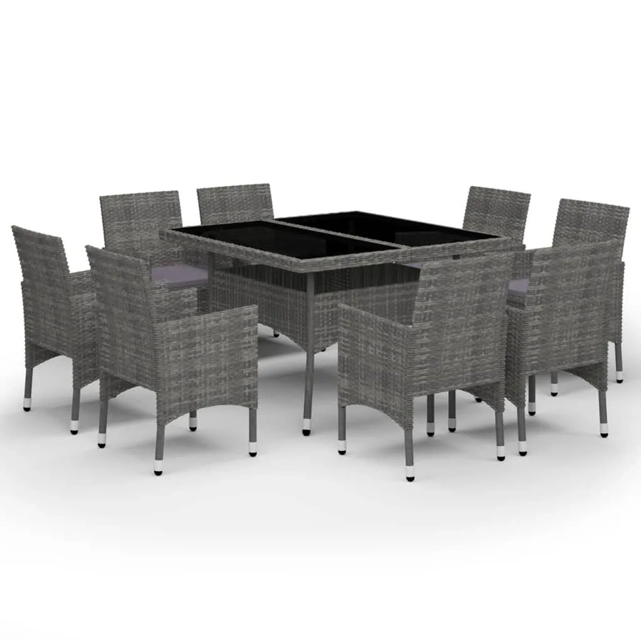 Furnicato 9-teilige Garten-Essgruppe aus Poly Rattan und Glas in Grau mit Hartglasplatte und wetterfesten Kissen - Bild 2
