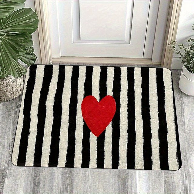 VIKAMA Badezimmer-Anti-Rutsch-Teppich mit minimalistischem schwarz-weiß gestreiftem Design und rotem Herz, rechteckig - Bild 1