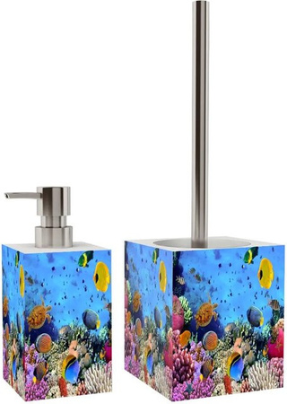 Sanilo Badezimmer Set aus Keramik und Edelstahl mit Seifenspender und WC Bürste in Blau Ocean