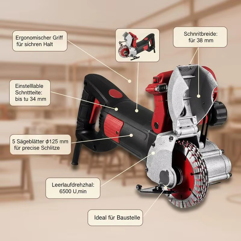 Elektrische Wandfräse und Nutfräse mit 4800W, 6500 U/min, Frästiefe: 34 mm, Fräsbreite: 38 mm, Sägeblattgröße: φ125 mm, B/T/H: 54 x 20 x 24 cm, rot/schwarz - Bild 4