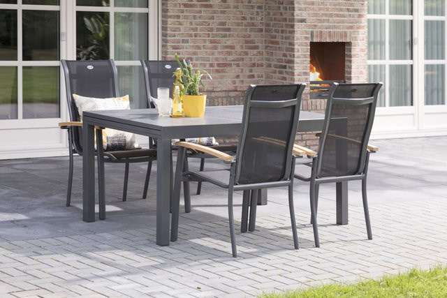 Hartman Alice Garten-Essgruppe aus Alu und Teak in Xerix/Natur mit ausziehbarem Tisch und 4 Stapelsesseln in Anthrazit - Bild 1
