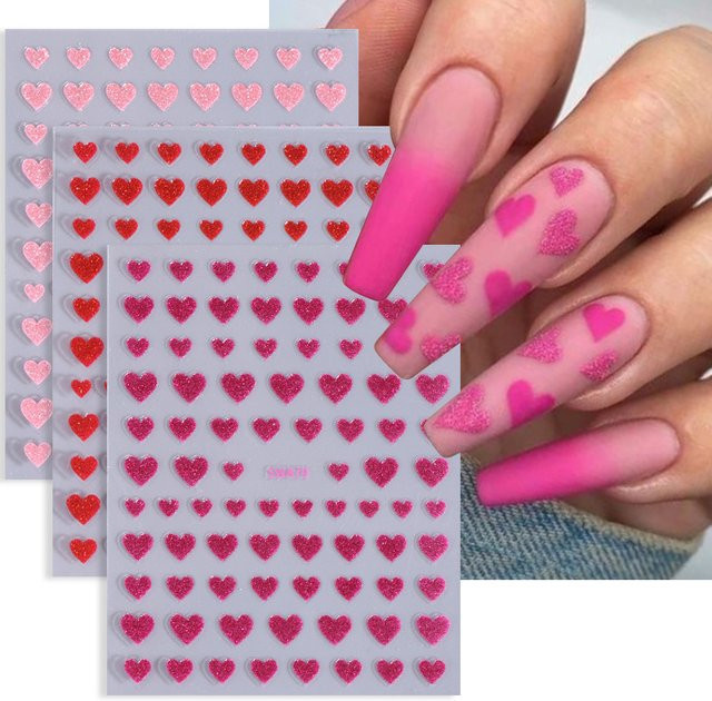 SWEET TREND Nagel Aufkleber, 3 Stück, Glitter Herz 3D, Rot Rosa - Bild 1