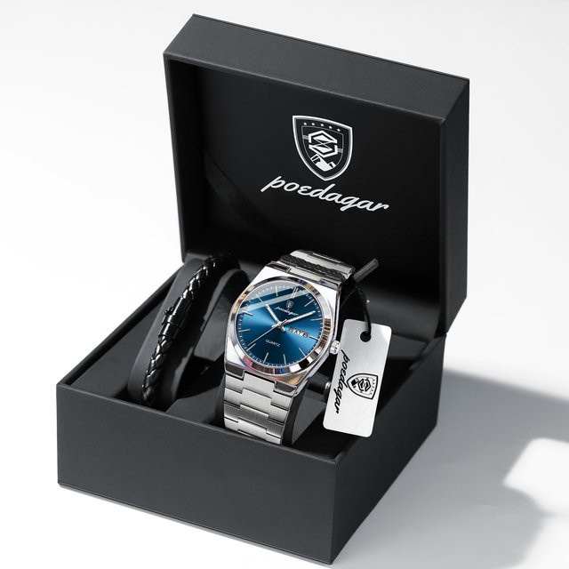 POEDAGAR Armbanduhr Quarz, Edelstahl, Blau, Herren - Bild 1