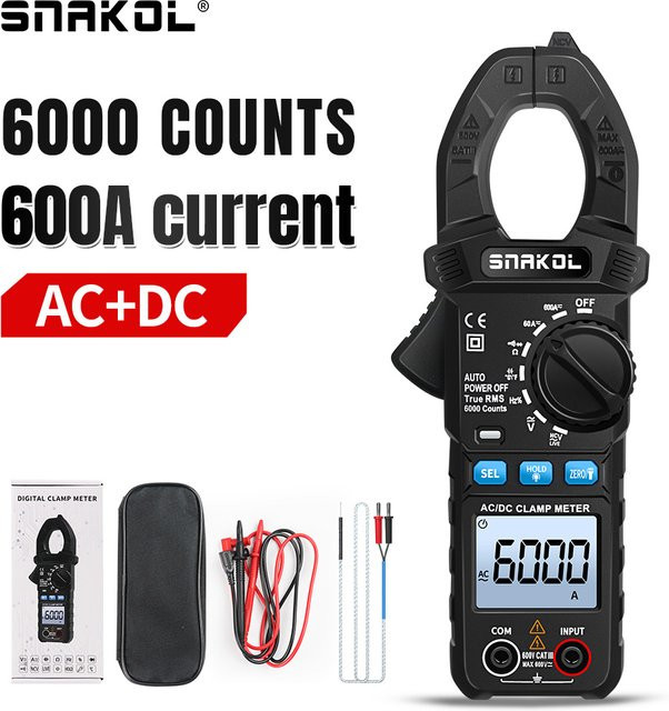 SNAKOL SK-203 Digitales Zangenmessgerät als professionelles Multimeter mit 600A AC/DC True RMS, 35mm Klemmkopf, Hintergrundbeleuchtung und Taschenlampe in Schwarz - Bild 1