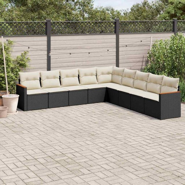 vidaXL 9-tlg. Garten-Sitzgruppe in L-Form aus Akazienholz und Polyrattan mit Kissen in Schwarz - Bild 3