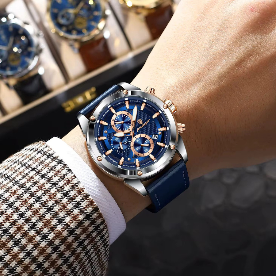 POEDAGAR Chronograph, Quarz, Leder, Schwarz, Herren - Bild 6