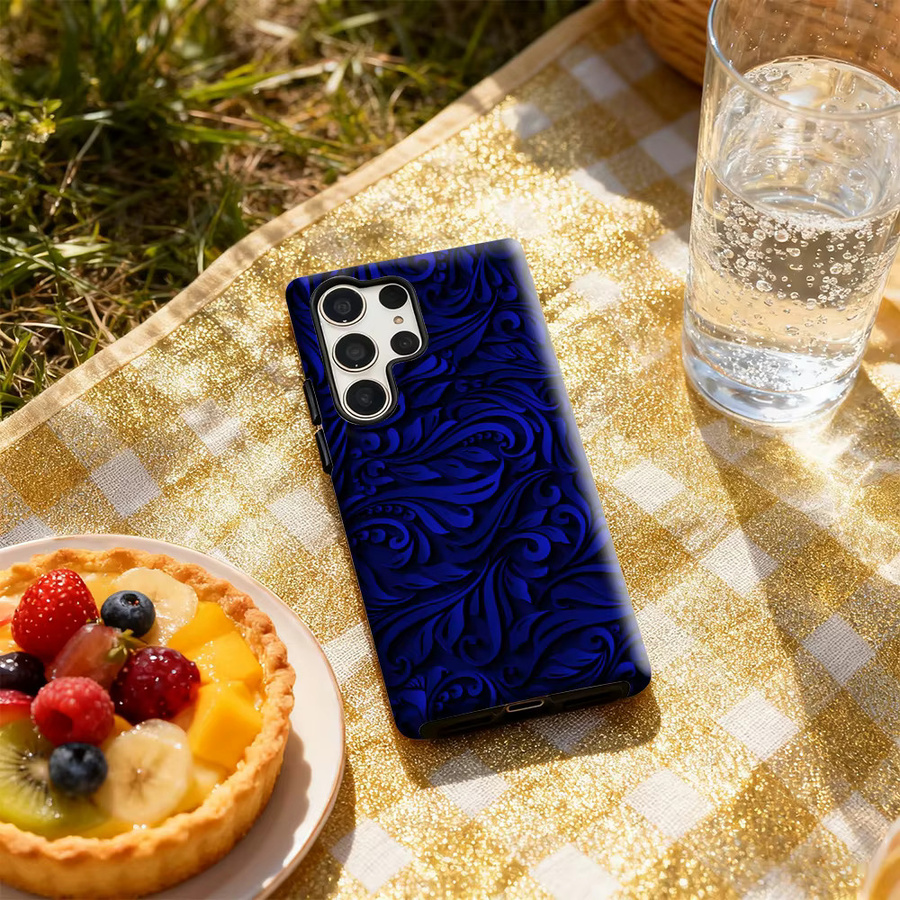 Samsung Handyhülle mit tiefblauem floralem Wirbel-Design und glänzender doppellagiger Rückseite für Galaxy S25 Ultra, S24 und S23 Ultra Plus - Bild 5