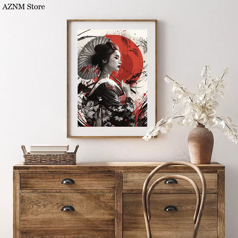 Potdemiel Leinwandgemälde Japanische Geisha mit Regenschirm und Blumen in Mehrfarbig, Modernes Wandbild als Wandkunst für dein Wohnzimmer - Bild 2