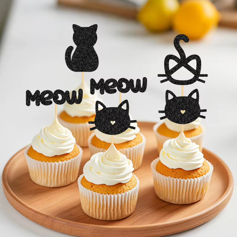 YOMDID 24 Stück Cupcake-Topper mit Katzenmotiv in Schwarz, glitzernde Cupcake-Picks für Geburtstagskuchen-Dekorationen - Bild 4