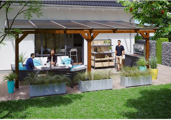 Skan Holz Terrassenüberdachung Andria aus Leimholz in Nussbaum Braun B/T/H: 648 x 350 cm mit Polycarbonat Dach