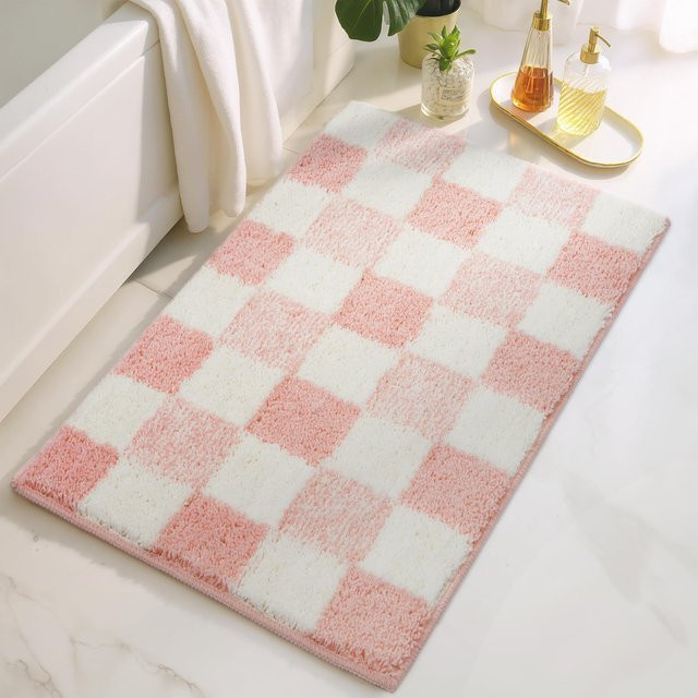 VIKAMA Saugfähiger Badezimmerteppich in Rosa Kariert, Rechteckig, B/T: 60 x 40 cm - Bild 1