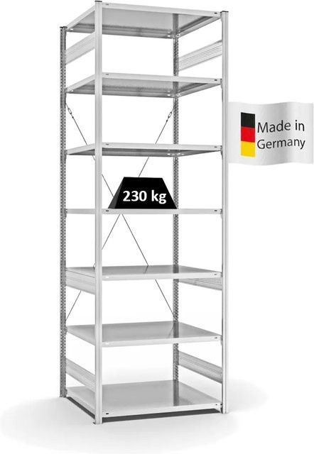 PROREGAL Fachbodenregal Stecksystem T-Profil Medium-Duty Grundregal mit 7 Ebenen, H x B x T: 300 x 100 x 80 cm, Fachlast 230 kg, Lichtgrau - Bild 1