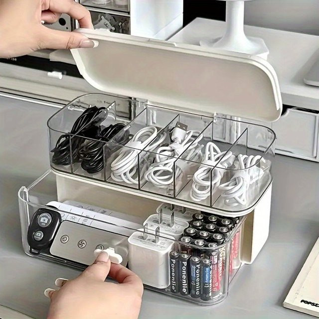 Doppelschichtiger Kabelorganizer aus Kunststoff für Schreibtisch und Büro mit verstellbaren Fächern, transparent und beige - Bild 1