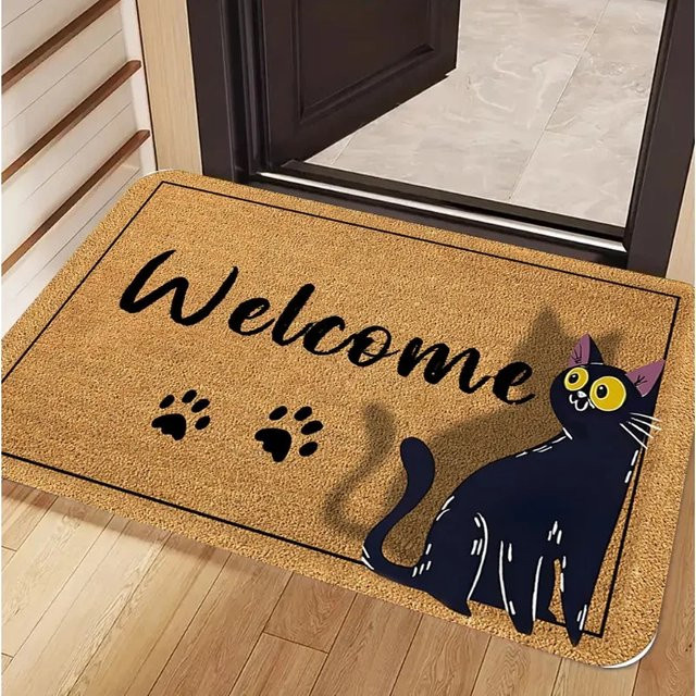 VIKAMA Welcome Fußmatte mit schwarzem Katzenpfoten-Print, rutschfest und waschbar, schwarz/mehrfarbig - Bild 1