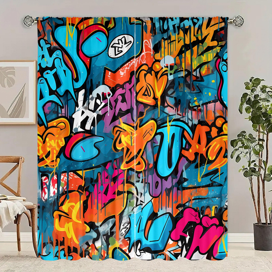 Yiran Furniture Vorhänge mit Doodle-Druck aus Polyester, 2er-Set, halbtransparent, Mehrfarbig, B: 76,2 cm, H: 165,1 cm - Bild 2