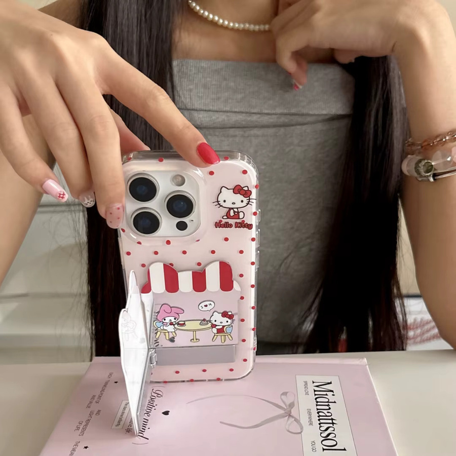 Sanrio Hello Kitty Handyhülle mit Polka-Dot-Design und Klappspiegel-Ständer für iPhone 17, 16, 15, 14 Pro Max und 17 Pro, Farbe: Rot - Bild 2