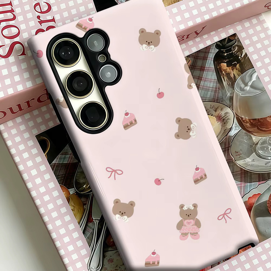 Stoßfeste Doppelschicht Handyhülle mit Teddybär- und Dessert-Muster für Samsung Galaxy S25 Ultra, S24 und S23 Ultra Plus in Pink - Bild 3