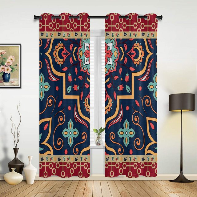 Moderne Fenstervorhänge mit Herbstvogel- und Blumenmuster in Beige, halbtransparentes Stoffpanel aus Polyester, Breite: 135 cm, Höhe: 60 cm - Bild 1