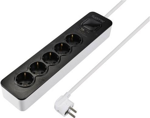 Sygonix SY-6118234 Steckdosenleiste mit Schalter, 5-fach, Schwarz/Weiß, mit Schutzkontakt und USB-A sowie USB-C Anschlüssen - Bild 1