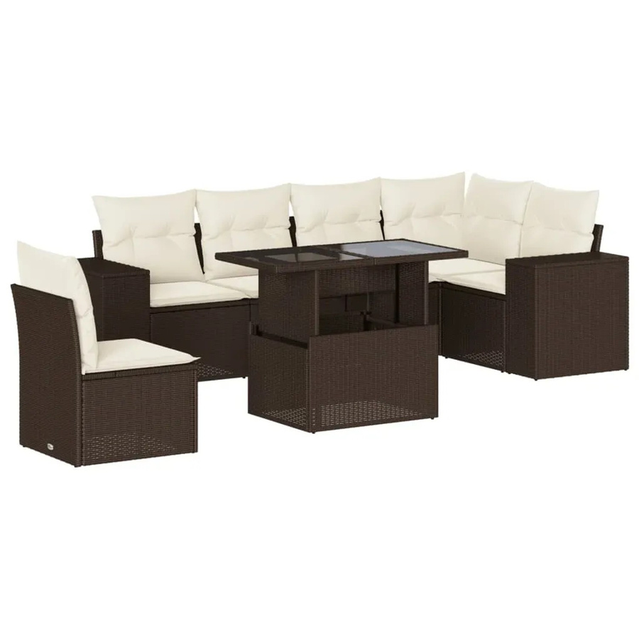 vidaXL 7-teilige Garten-Sofagarnitur in L-Form aus braunem Poly-Rattan mit cremeweißen Kissen und pulverbeschichtetem Stahlgestell - Bild 2