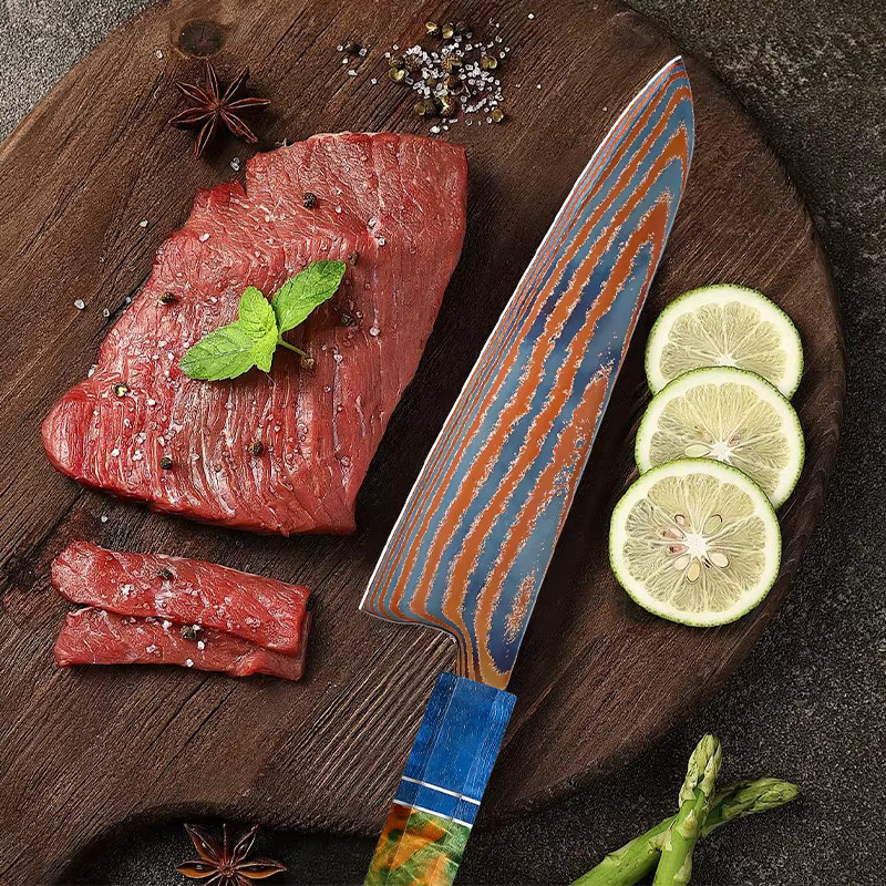 Baovim Chefmesser aus Damaststahl mit farbigem Holzgriff, 20,32 cm Klingenlänge - Bild 3