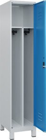C+P Spind Classic PLUS Garderobenschrank mit 1 Abteil, Füße, Zylinderschloss, 4 Garderobenhaken und mittiger Trennwand, Farbe: Grau/Blau, H x B x T: 195 x 40 x 50 cm - Bild 1