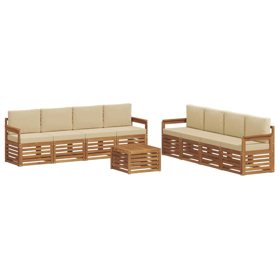 vidaXL Gartenmöbel Set 9-teilig aus Massivholz Akazie in Natur und Beige mit Tisch, Sesseln und Kissen im modernen Latten-Design - Bild 2
