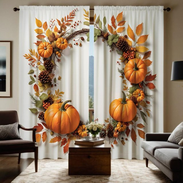 2er-Set Herbstlicher Dekovorhang mit Kürbis, Beeren und Ahornkranz in Grau und Weiß, B: 132 cm, H: 160 cm - Bild 1