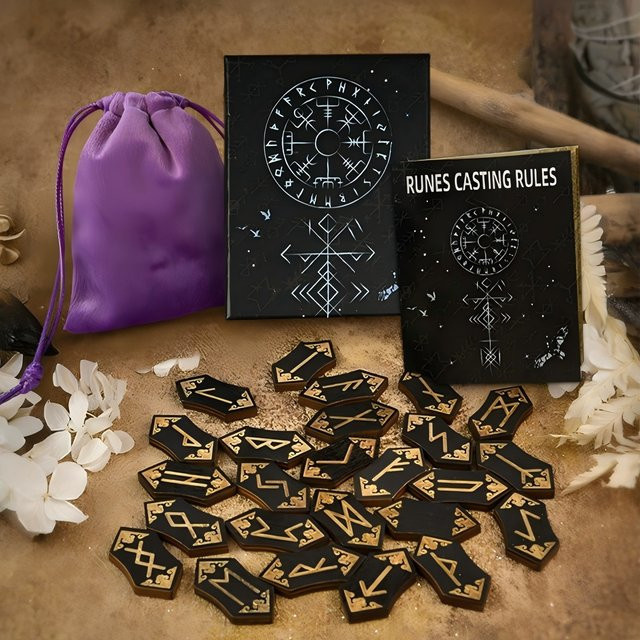 Vikings Jewelry Runen-Set aus Holz mit Aufbewahrungstasche und Guide Buch für Meditation und Wahrsagerei in Schwarz - Bild 1