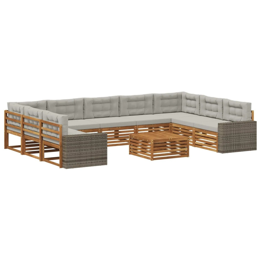 vidaXL Outdoor-Sofagarnitur in U-Form aus Massivholz Akazie mit 10 Kissen, Farbe: Natur und Hellgrau - Bild 2