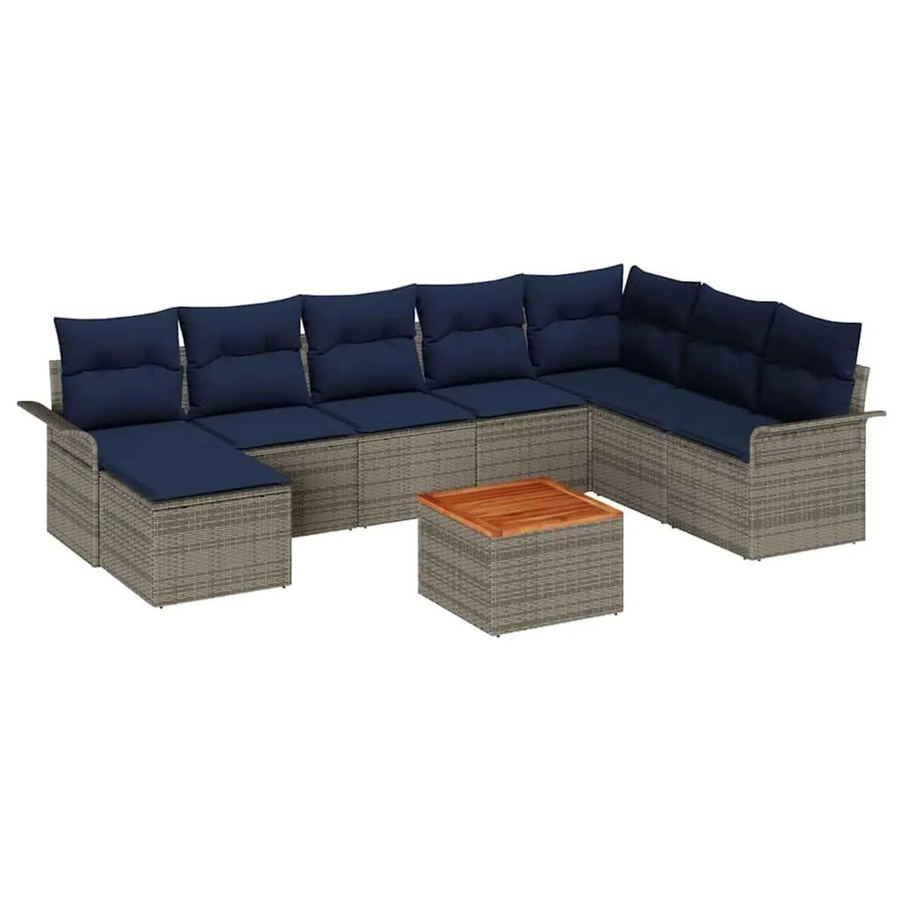 vidaXL Gartensofa-Set aus Poly-Rattan in U-Form, 9-teiliges Lounge-Set in Grau und Marineblau mit Polsterung und Gartentisch - Bild 2