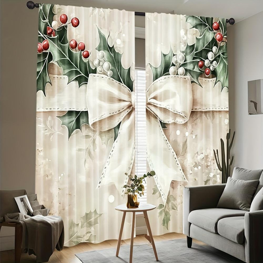 Set aus 2 transparenten Tonnika Chen Weihnachts-Vorhängen mit Schleifendruck aus Polyester, B: 100 cm, H: 70 cm - Bild 2