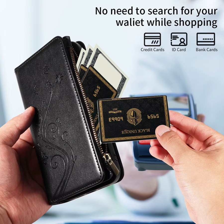 Multifunktions-Handyhülle aus PU-Leder mit Reißverschluss als Flip Wallet Case für iPhone 16 Pro Max 15 14 13 12 11 7 8 X XS XR in Schwarz oder Braun - Bild 5
